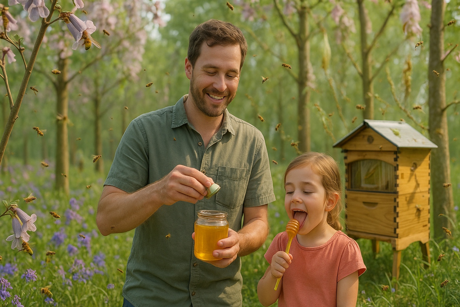 Méh a virágokon, háttérben császárfa sorok és virágzó sáv